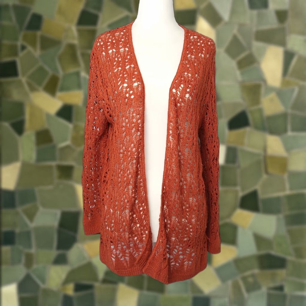 Vintage 90s Vintage burnt orange crochet knit cardigan sweater L Size L / US 10 / IT 46 - 1 Thumbnail