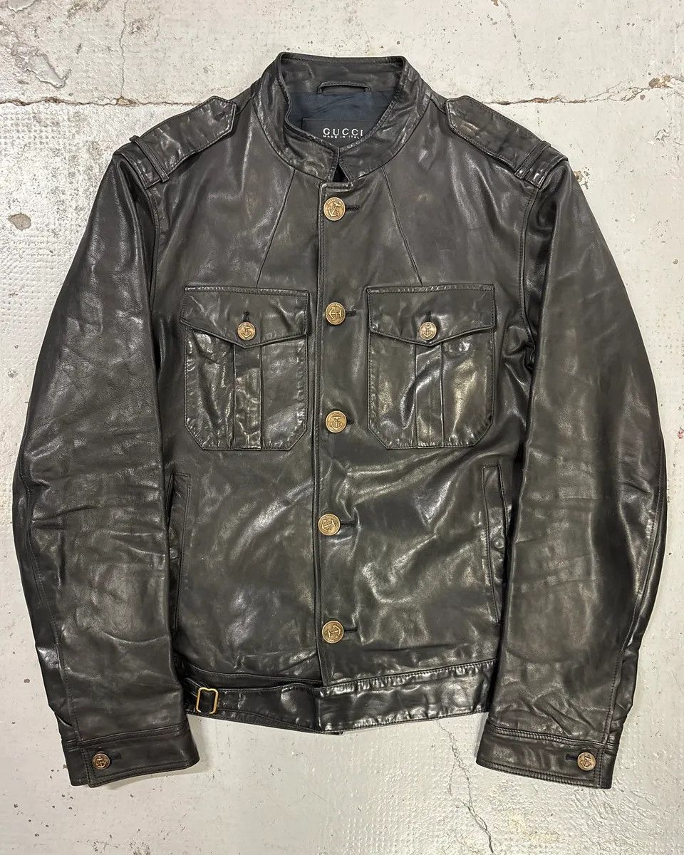 Gucci 2010s Gucci Black Buttoned Officer Leather Jacket by Frida Giannini Size US M / EU 48-50 / 2 - 1 Thumbnail