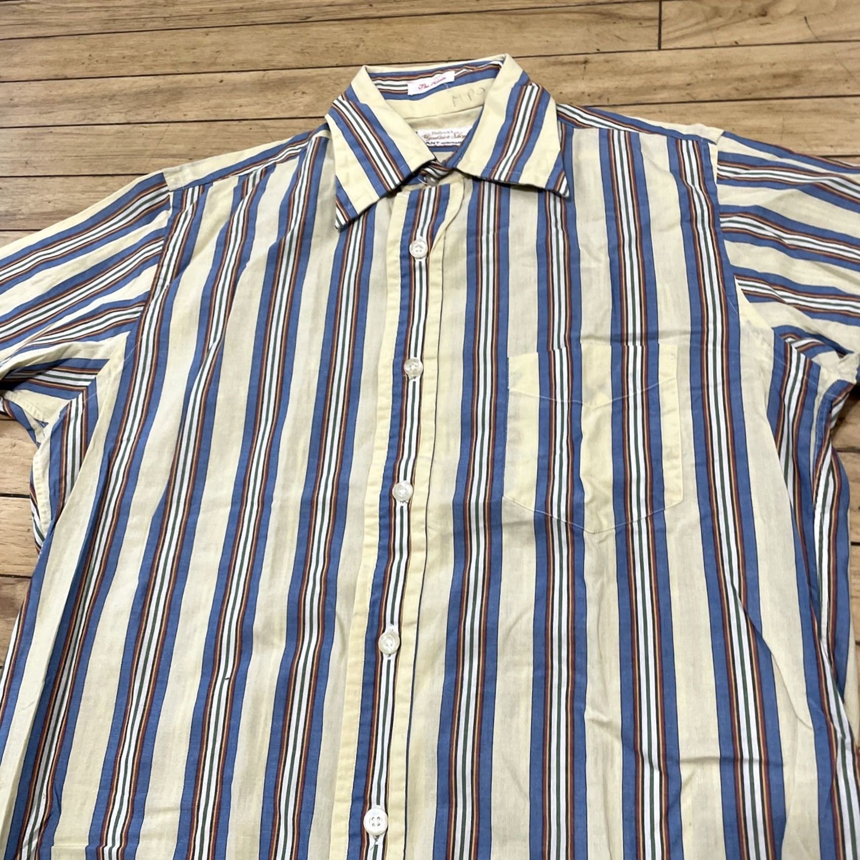 Gant VINTAGE GANT Shirt Regular 15.5 34 Blue Yellow Cream Green Striped Button-Up Western Cowboy 70s 90s Bohemian Grandpa Point Collar USA Mens Size US L / EU 52-54 / 3 - 4 Thumbnail