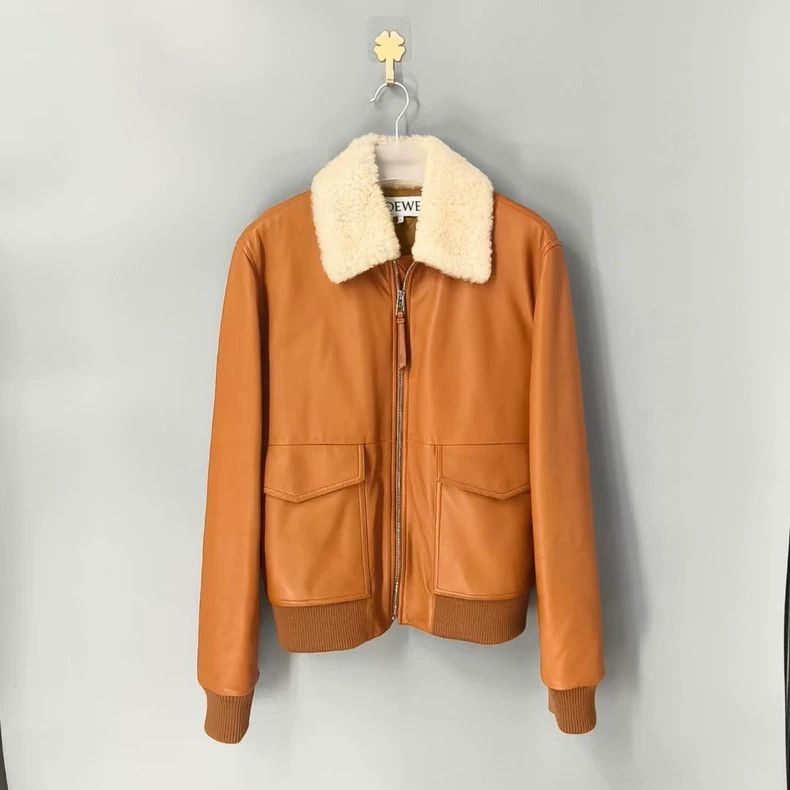 LOEWE Brown lapel zipper jacket leather coat