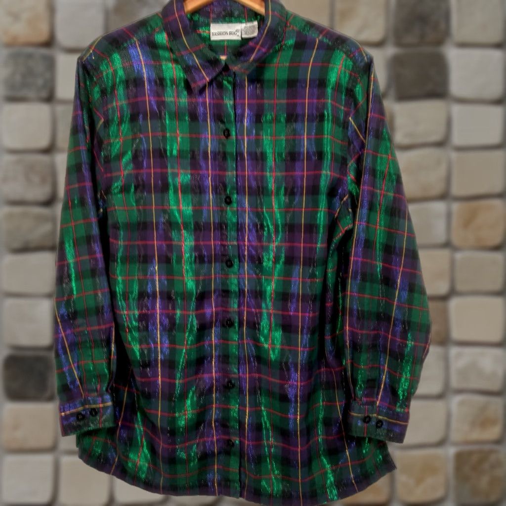 Vintage VINTAGE Fashion Bug Womens Blouse 18/20 Green Purple Plaid Metallic Long Sleeve 90s Fall Winter Casual Size XXL / US 16-18 / IT 52-54 - 1 Thumbnail