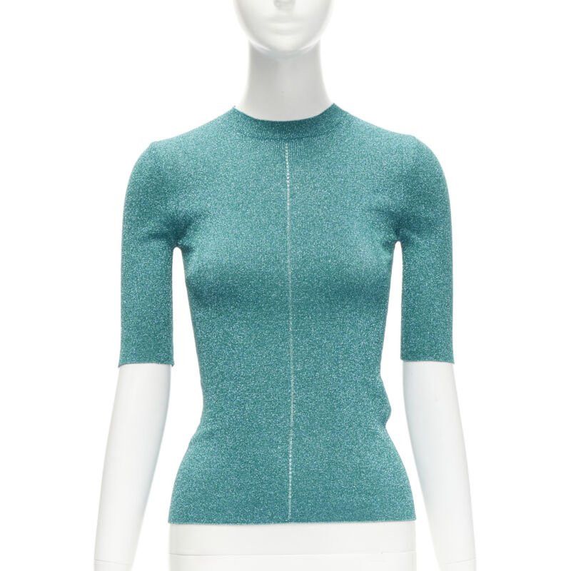 Saint Laurent Paris SAINT LAURENT turquoise blue metallic lurex lattice seam knitted top S Size S / US 4 / IT 40 - 1 Thumbnail