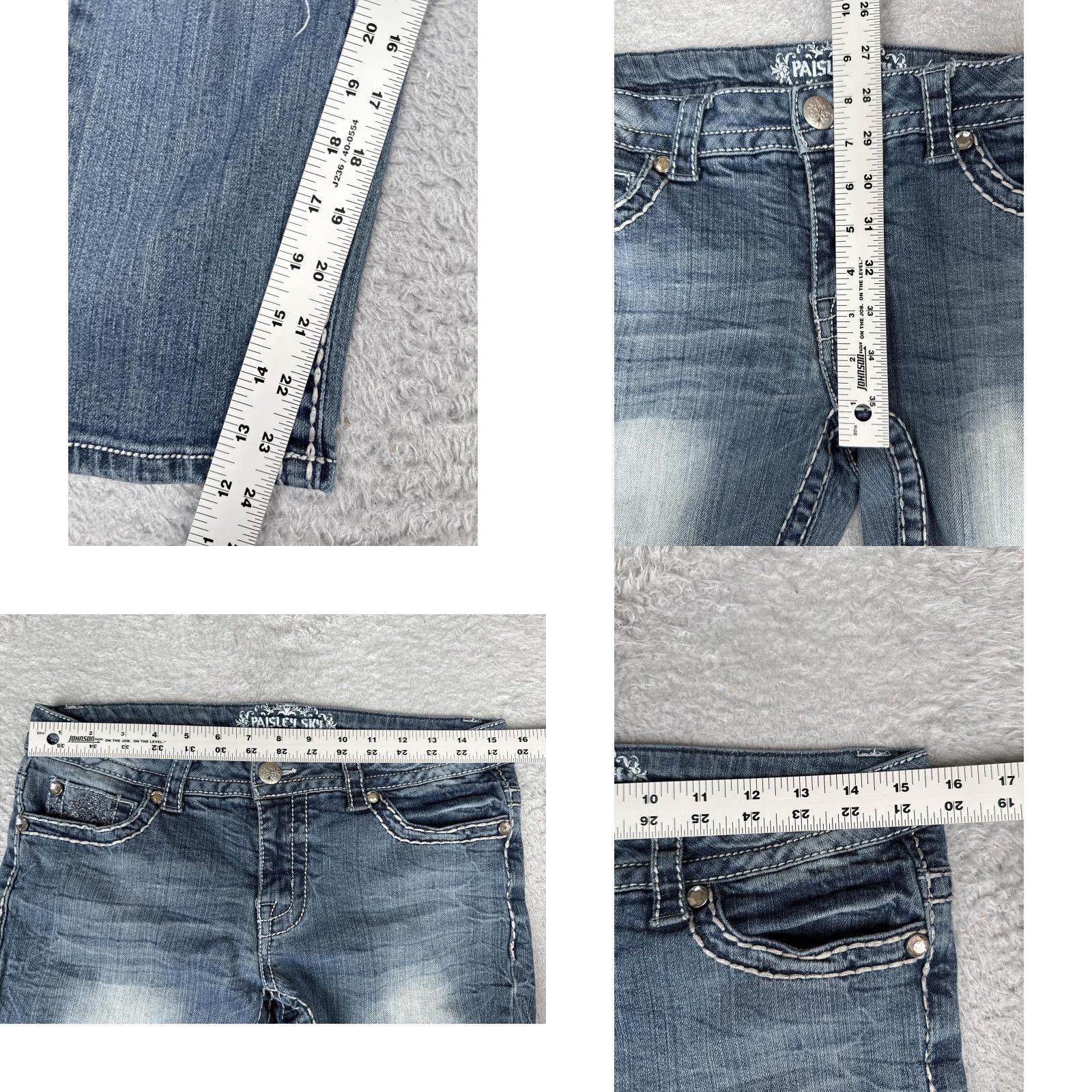 Denime Paisley Sky Jeans Women 8 Capri Blue Distressed Lace Denim 30x24 Mid Rise 5-Pocket Studded Embroidered Cotton Blend Spandex Pattern Solid Size 30" / US 8 / IT 44 - 8 Thumbnail