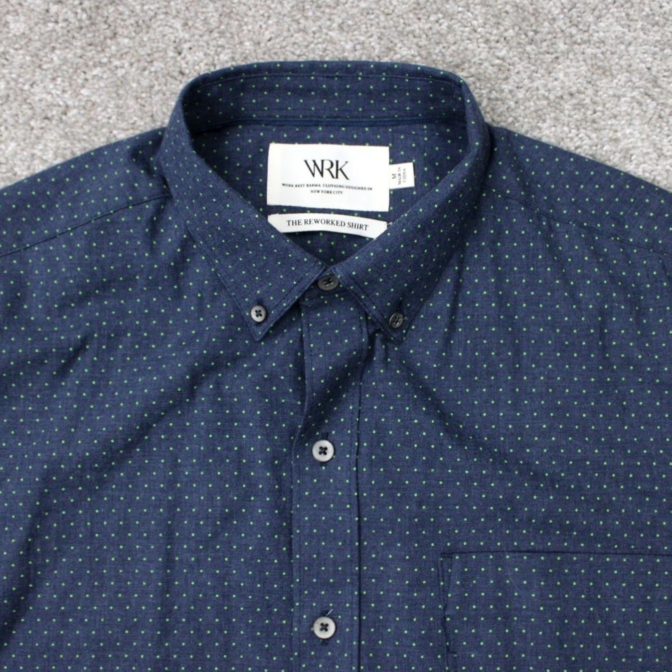 Vintage WRK The Reworked Shirt Mens Medium Blue/Green Geometric Cotton S/S Button-Up Shirt Size US M / EU 48-50 / 2 - 5 Thumbnail