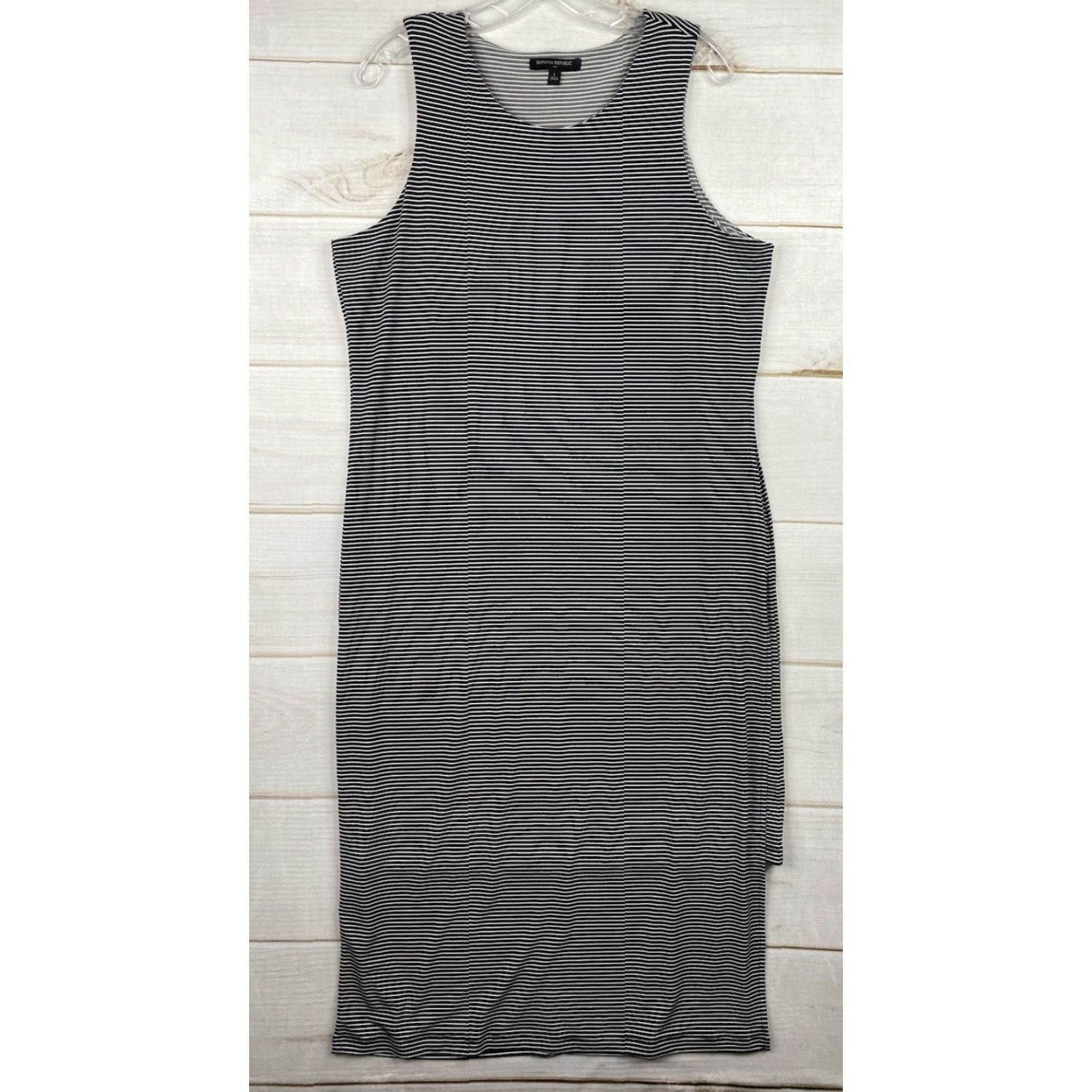 Banana Republic VINTAGE Banana Republic Maxi Dress Sz L Black Striped Layered Side Slits Stretch Shift Size L / US 10 / IT 46 - 2 Thumbnail