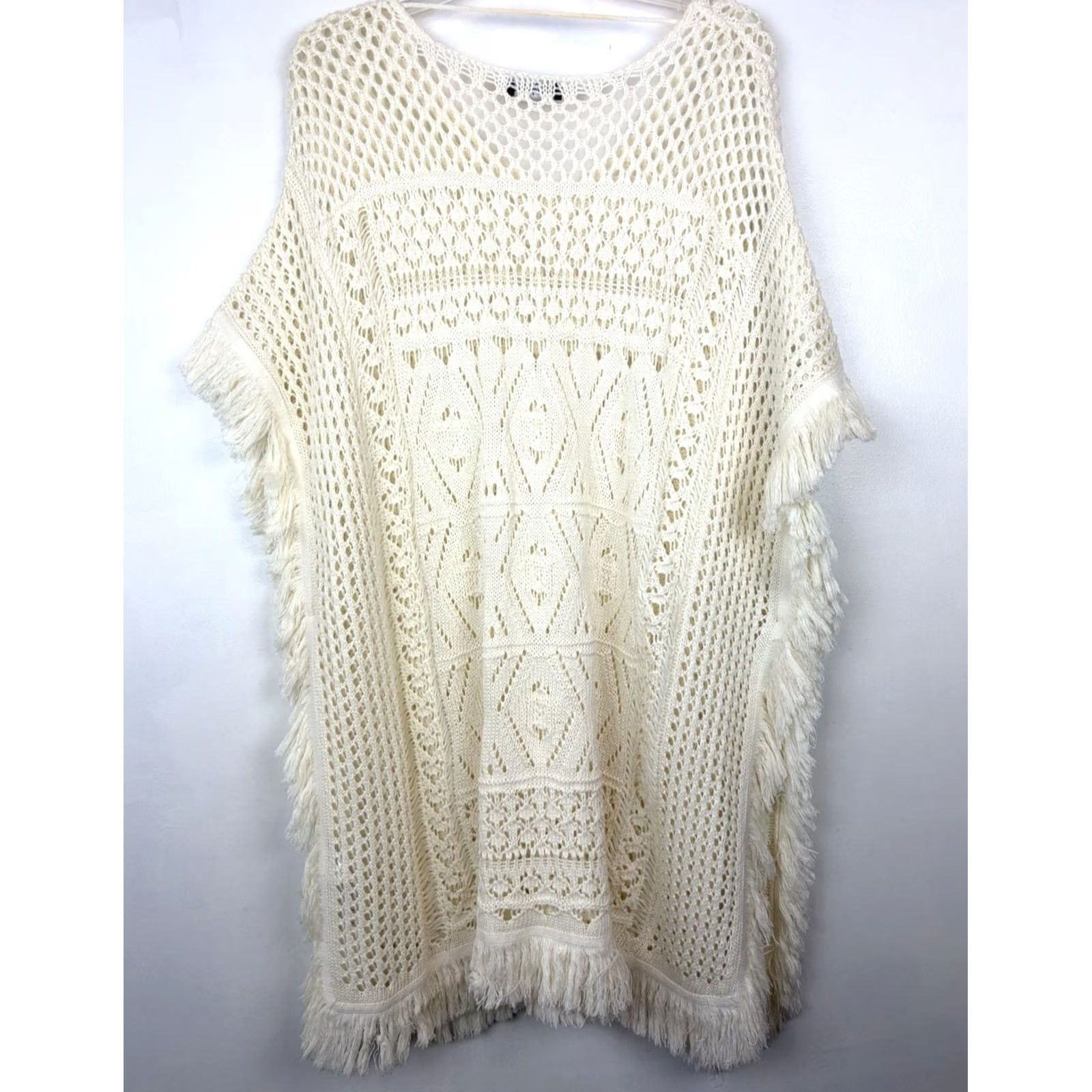 Vintage Ulla Popken Sweater Women 2X Ivory Tunic Plus Open Knit Fringe Boho Poncho Cottage Core Size XXL / US 16-18 / IT 52-54 - 2 Thumbnail
