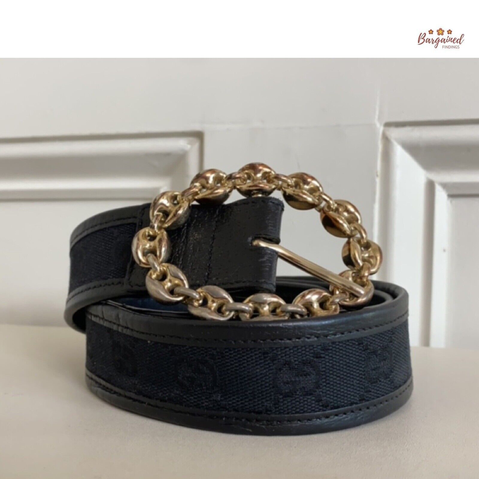 Gucci Black Monogram Canvas Leather Gold Chain Buckle Belt