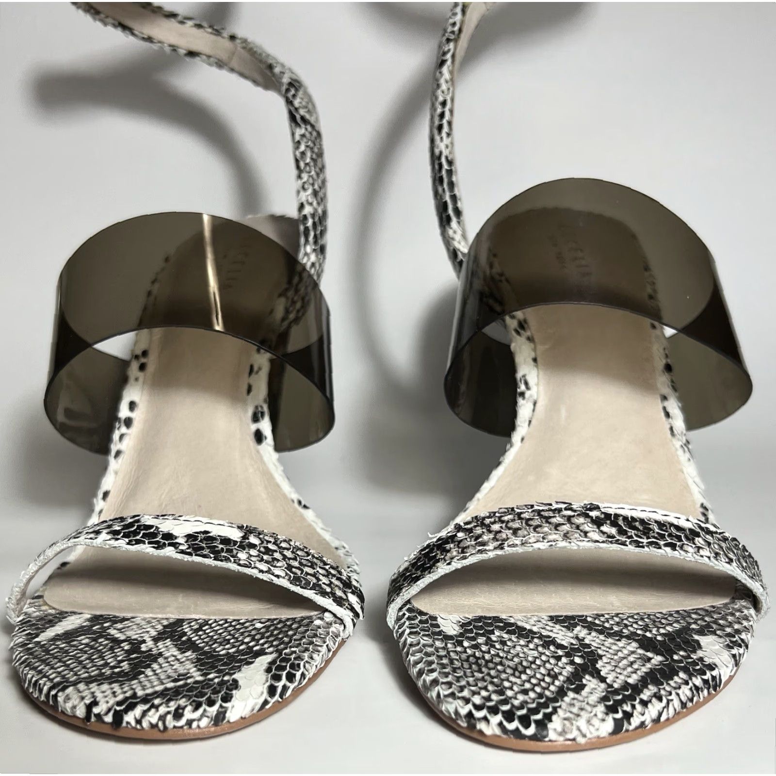 Vintage Cecelia New York Sabrina Ankle Wrap Sandal Black White Snake Embossed 10 Women Heel Strappy Leather Synthetic Snake 90s? Size US 10 / IT 40 - 3 Thumbnail