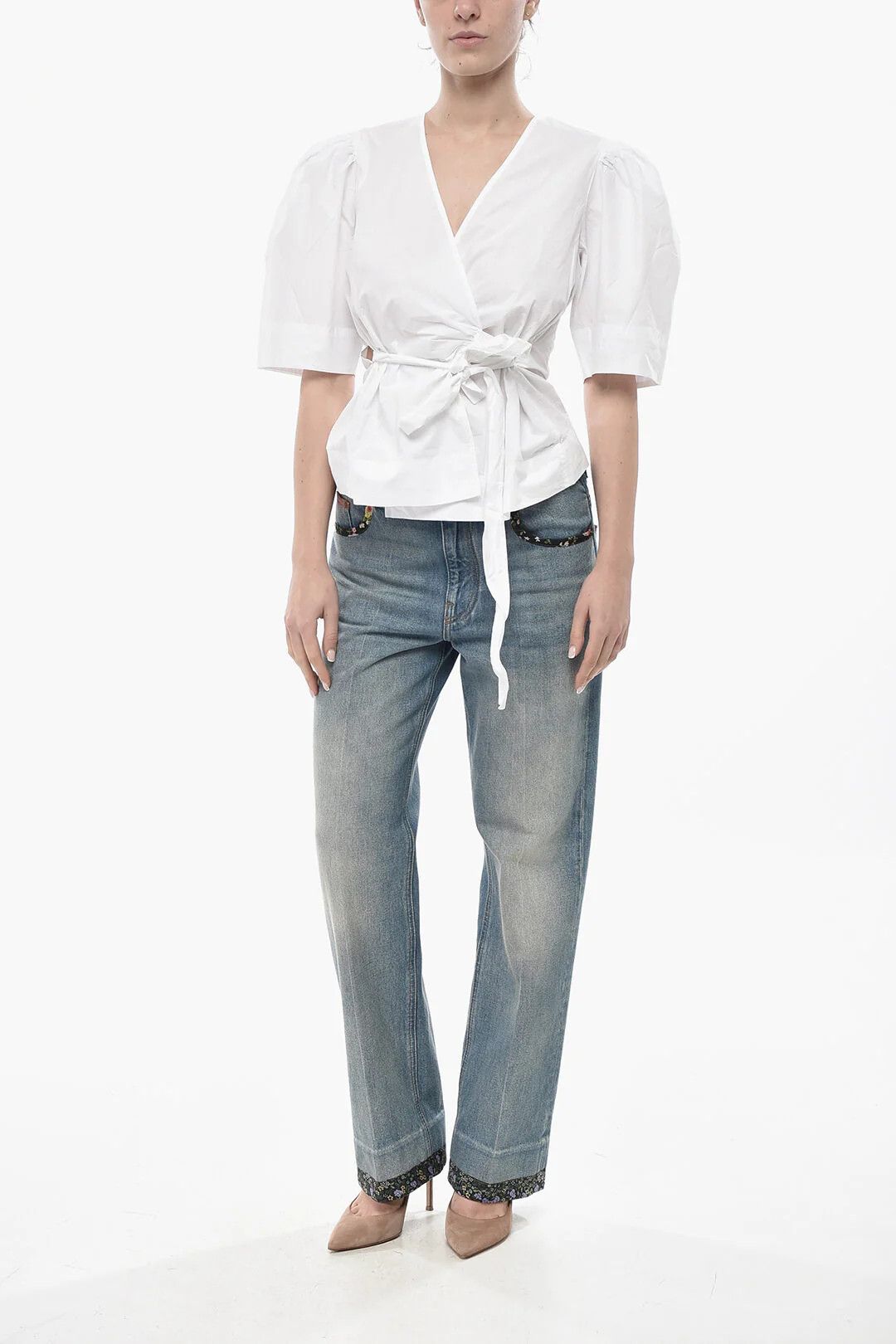 Ganni og1mm0426 Poplin Wrap Blouse in White Size M / US 6-8 / IT 42-44 - 4 Thumbnail