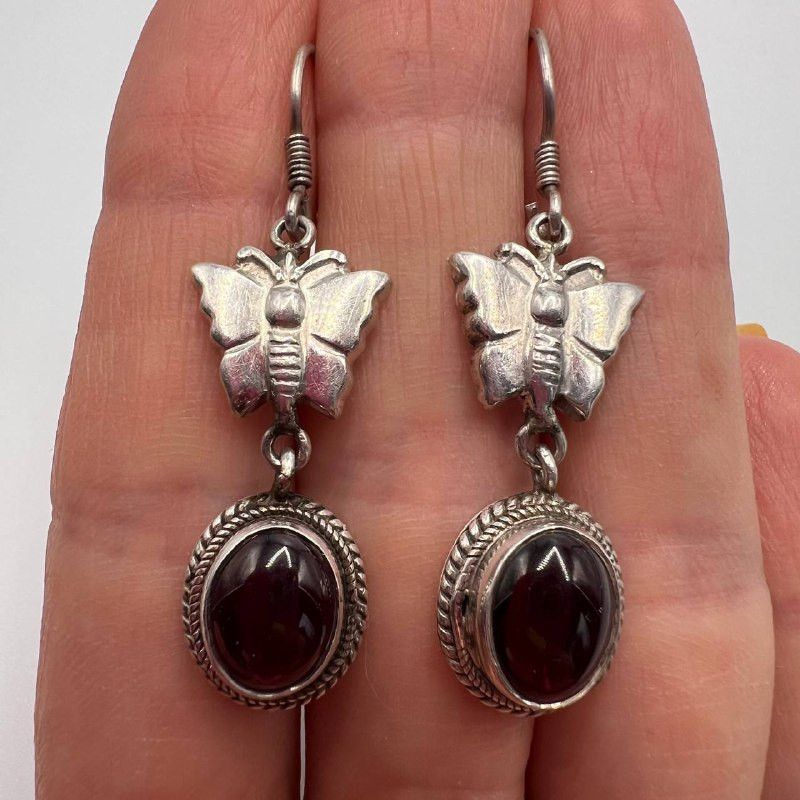 Sterling Silver × Vintage Vintage Sterling Silver 925 Butterfly Drop Earrings Garnet Size ONE SIZE - 6 Thumbnail