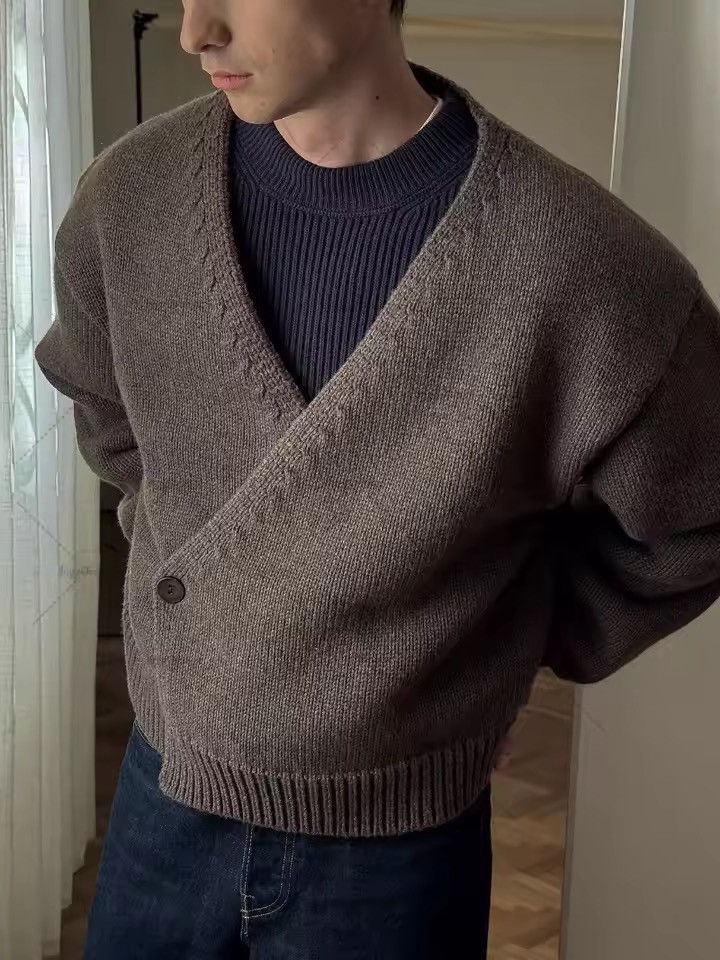 Retro V-neck Brown Knitted Cardigan Sweater