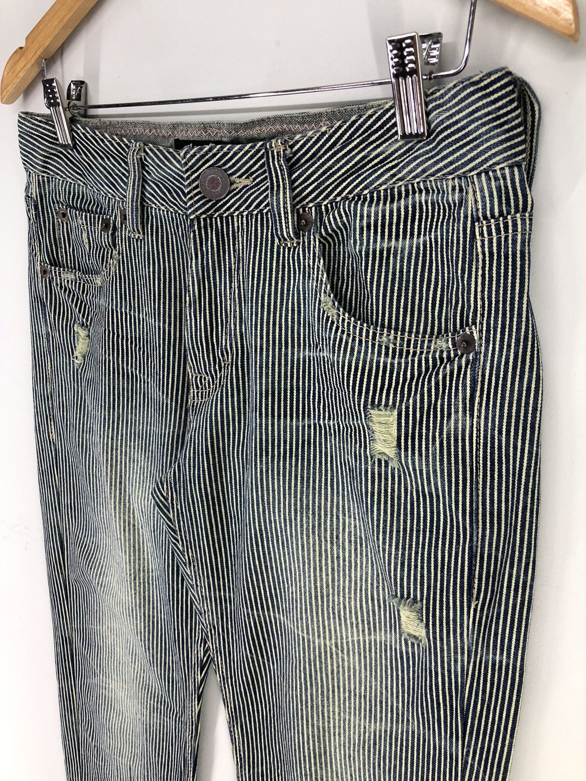 Japanese Brand Vintage Japanese Wave List Distressed Hickory Stripe Jeans Size US 29 - 4 Thumbnail