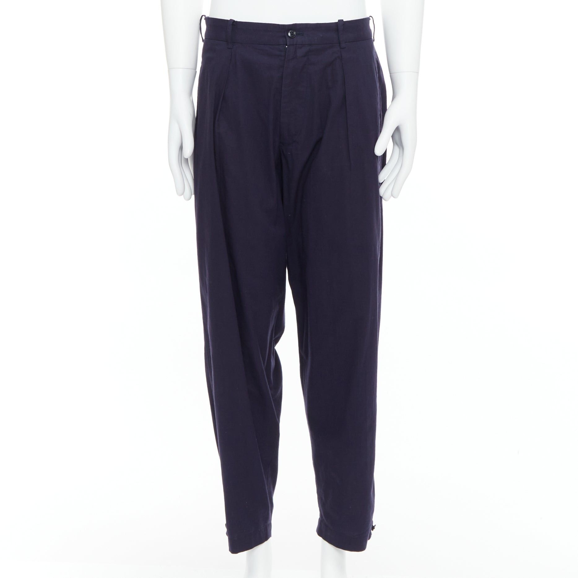 Yohji Yamamoto YOHJI YAMAMOTO navy 100% cotton pleated front tapered pants JP4 XL Size US 29 - 1 Thumbnail