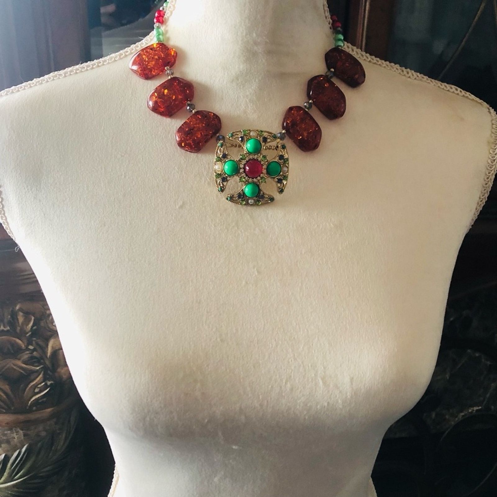 Handmade Handcrafted repurpose stone Maltese cross Pearl necklace Size ONE SIZE - 5 Thumbnail