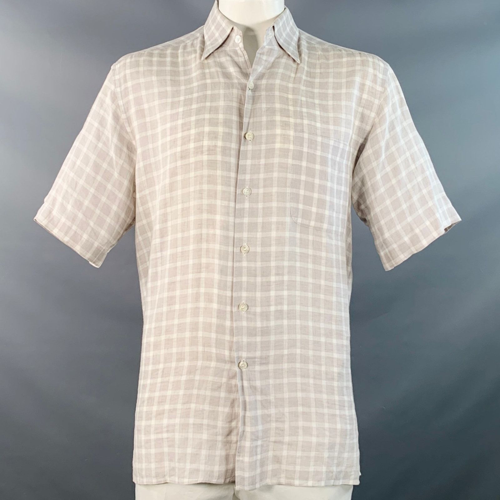 Ermenegildo Zegna Size L Grey White Plaid Linen One Pocket Short Sleeve Shirt Size US L / EU 52-54 / 3 - 1 Thumbnail