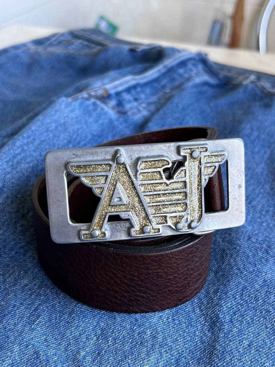 Armani Rare metal Buckle Armani Jeans leather belt 90s rare Italy Size ONE SIZE - 1 Thumbnail