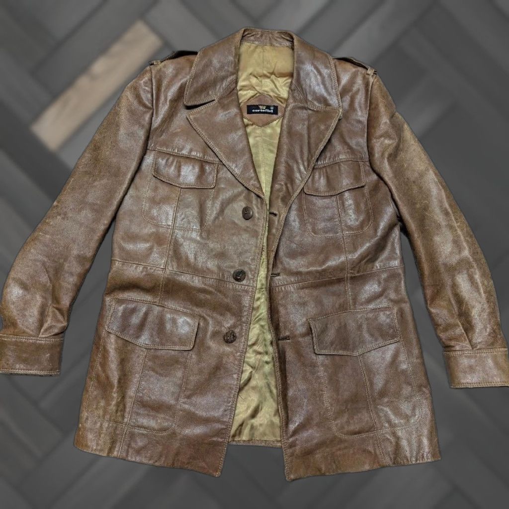 Vintage VINTAGE Cortefiel leather 44 brown PATINA overcoat jacket NORFOLK belted Size US L / EU 52-54 / 3 - 1 Thumbnail