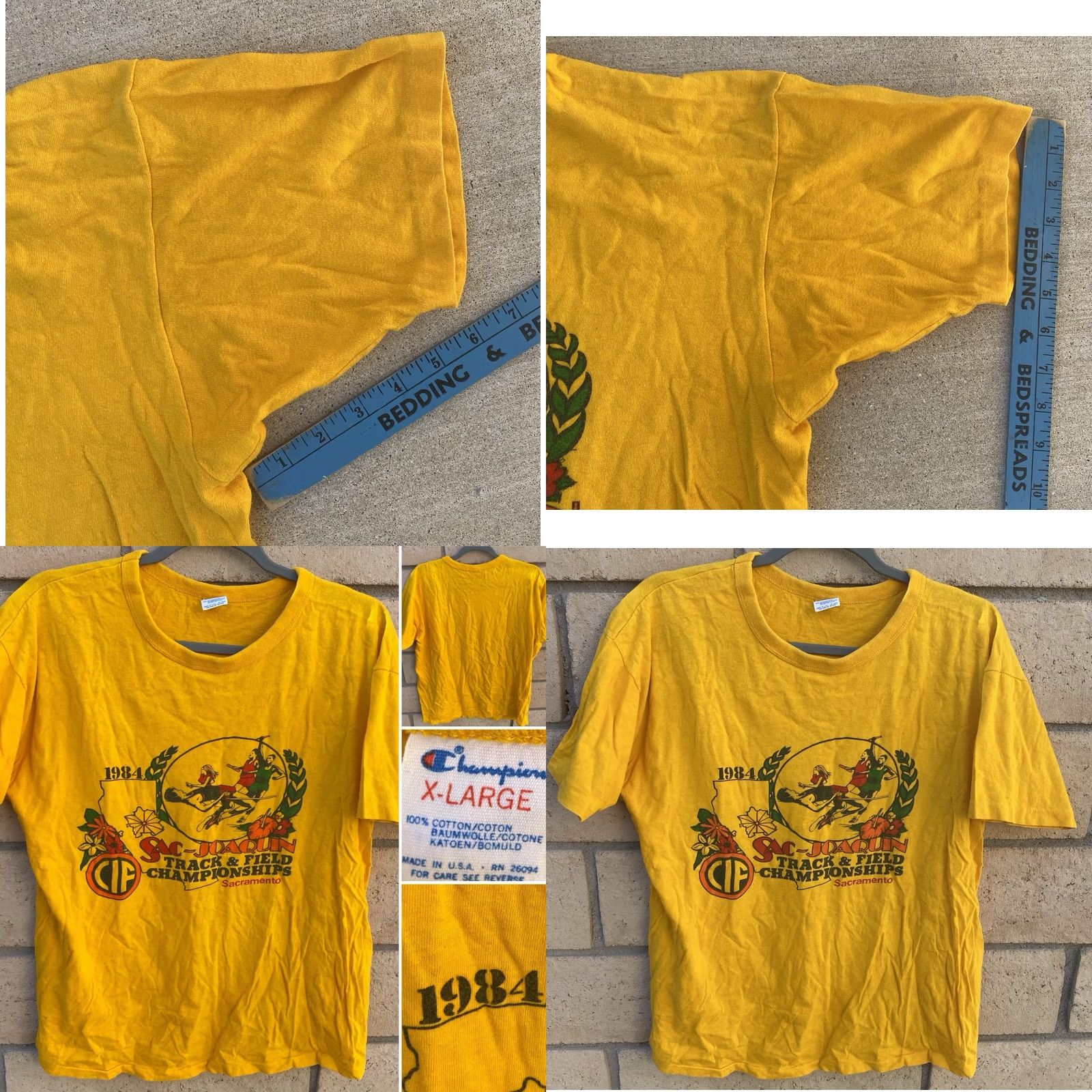 Champion VINTAGE Champion Sacramento T-Shirt XL School Sports 1984 CA 80s California Track & Field Championships Shirt Mens Yellow Size US XL / EU 56 / 4 - 9 Thumbnail