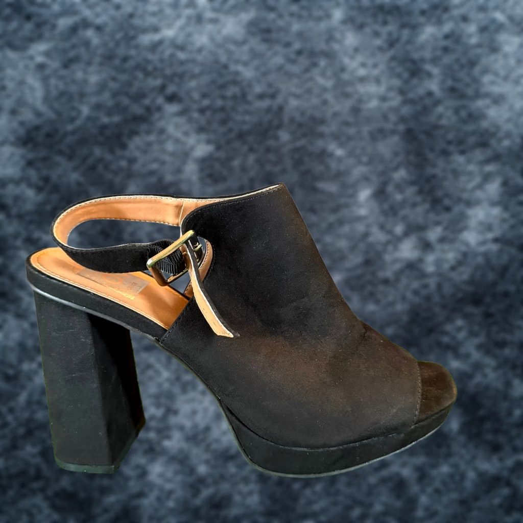 Vintage DV by Dolce Vita Powder Black Faux Suede Platform Slingback Sandals Womens 7.5 Block Heel 4.5" Buckle Wide Strap Women Party/Cocktail Shoes Size US 8 / IT 38 - 1 Thumbnail
