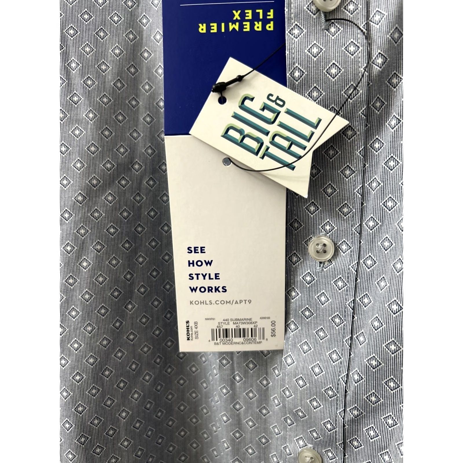 Apt. 9 Apt 9 Shirt Mens 4XL Gray Geometric Modern Fit Dress Shirt Long Sleeve Button-Front L/S Casual Formal Business Big Tall Size US XXL / EU 58 / 5 - 6 Thumbnail