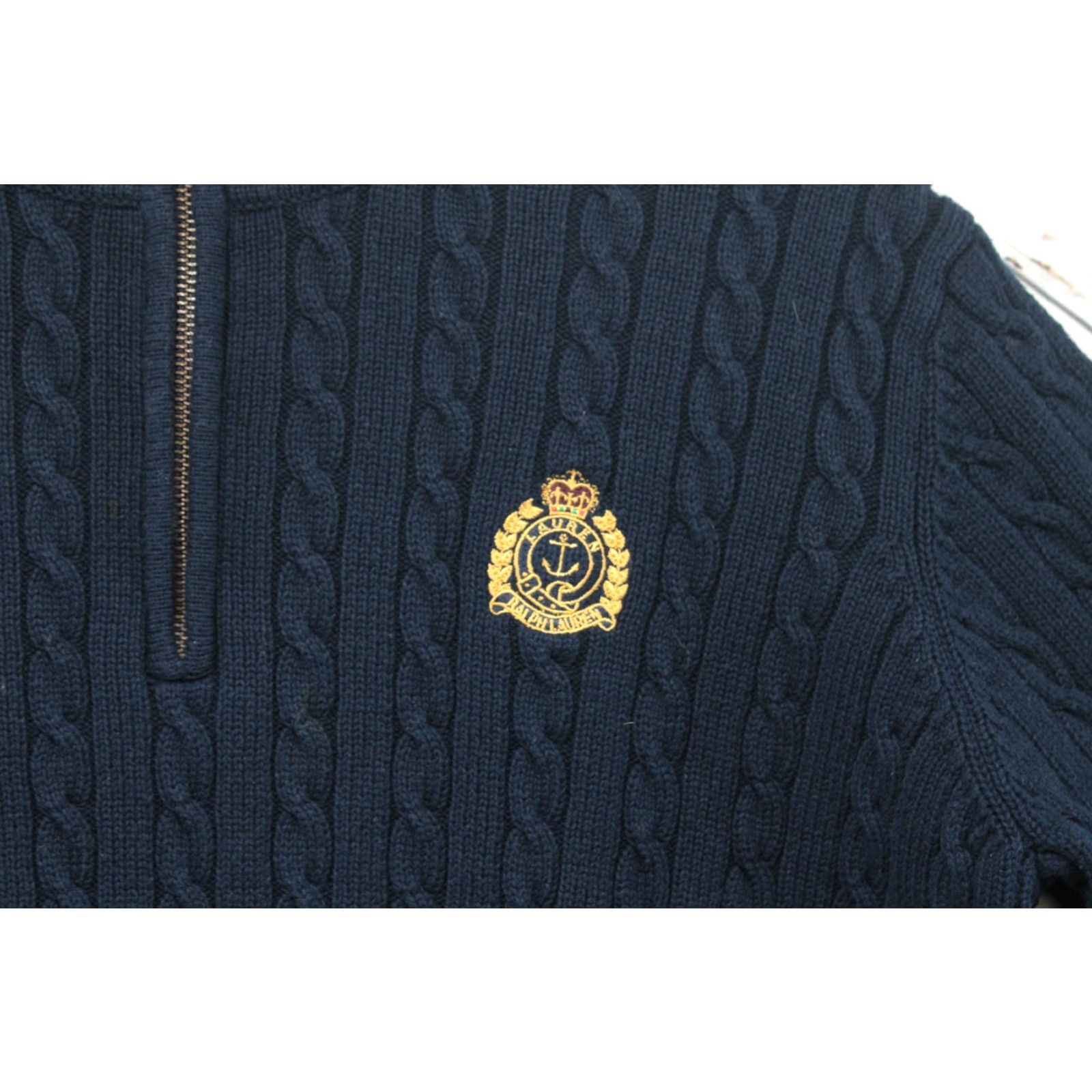Ralph Lauren VINTAGE Lauren Ralph Lauren Sweater Women Large Blue Crest Logo 1/4 Zip Cable Knit 90s Preppy Women Size L / US 10 / IT 46 - 4 Thumbnail