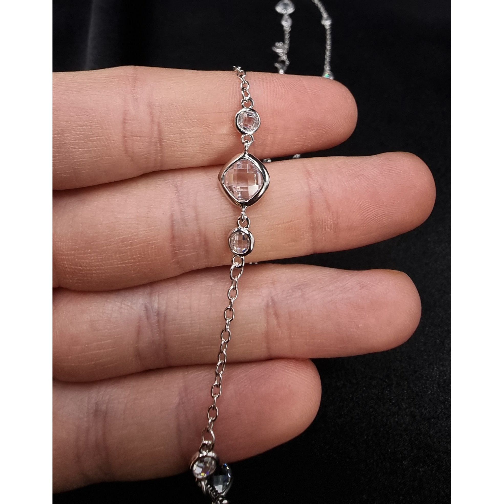 Vintage W 925 Sterling Silver Necklace With Clear CZ Size ONE SIZE - 4 Thumbnail