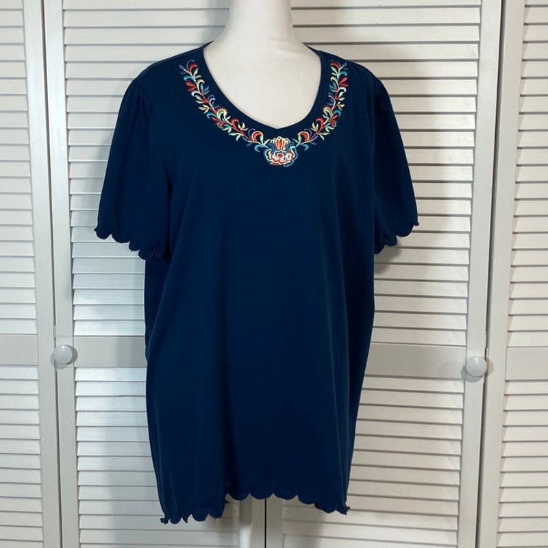 Blair Blair Vintage Navy Blue Floral Embroidered Blouse 2XL Size XXL / US 16-18 / IT 52-54 - 1 Thumbnail
