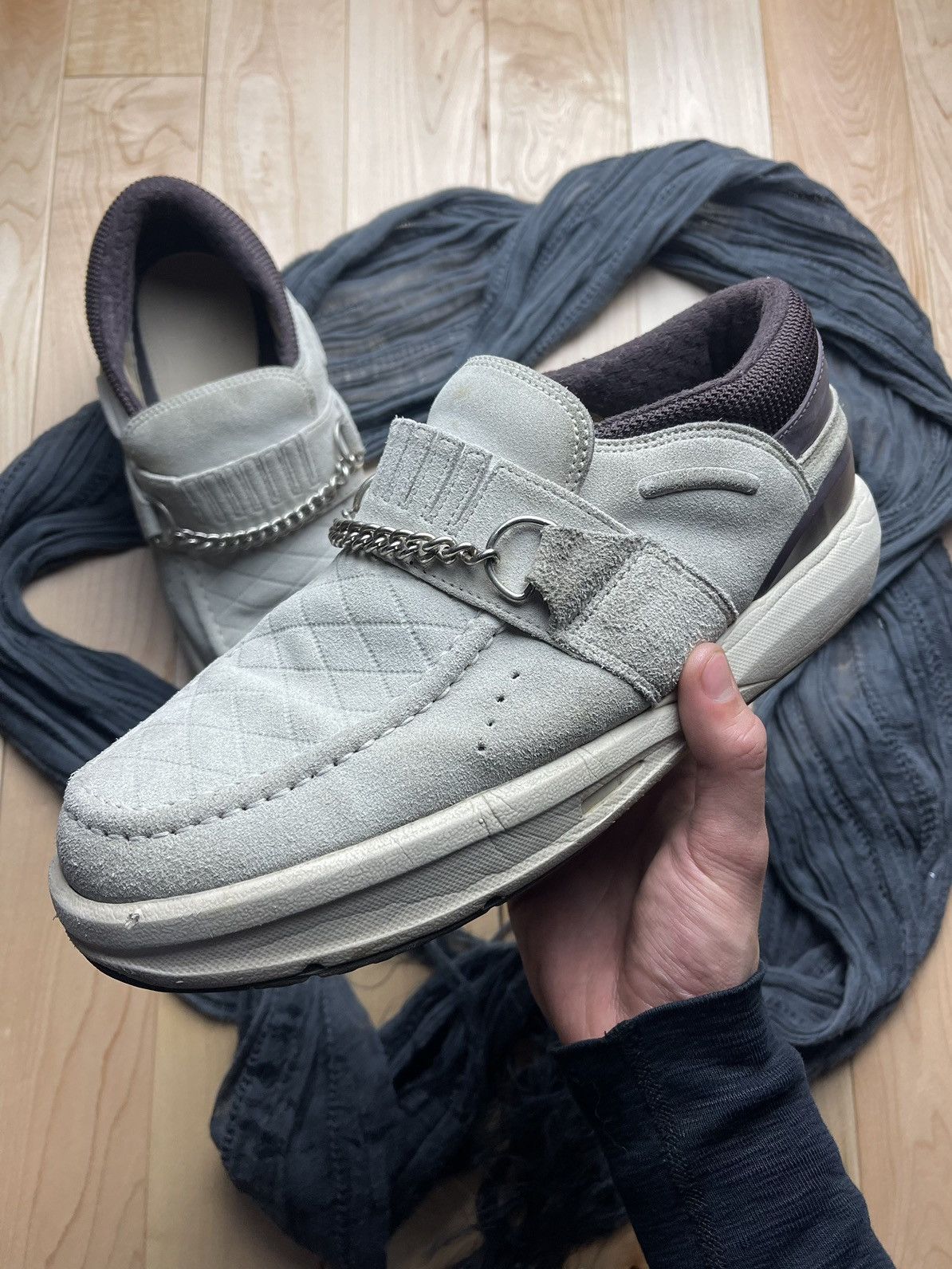 image of Ss2003 Visvim ‘Coyote’ Grey Suede Chain Moccasin Sneakers, Men's (Size 10)