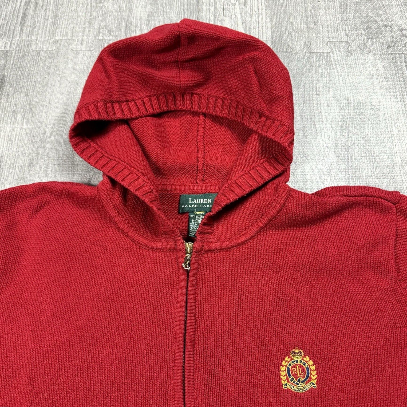 Ralph Lauren VINTAGE Lauren Ralph Lauren Crest Full-Zip Knit Hoodie Sweater Unisex XL Red 90s Vintage Theme Knit/Cotton Heavyweight Mens/Womens Size US XL / EU 56 / 4 - 2 Thumbnail