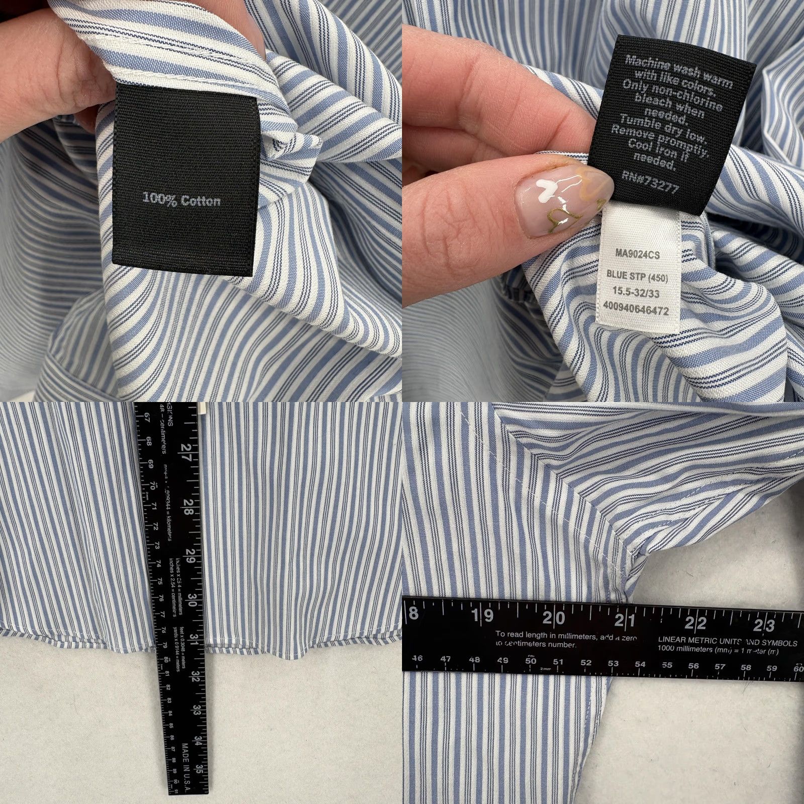 Marcs Marc Anthony Dress Shirt Mens 15.5 Slim 32/33 Blue Stripe Easy Care Business Shirt Mens Size 42R - 8 Thumbnail