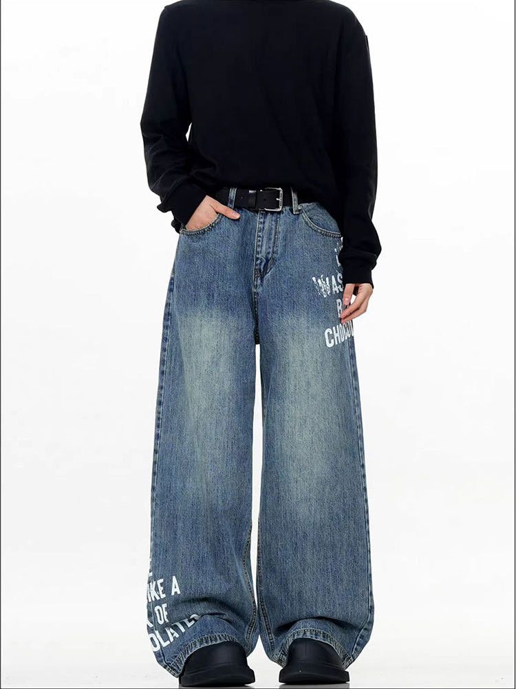 Vintage Retro men's loose casual street letter print washed jeans Size US 32 / EU 48 - 1 Thumbnail