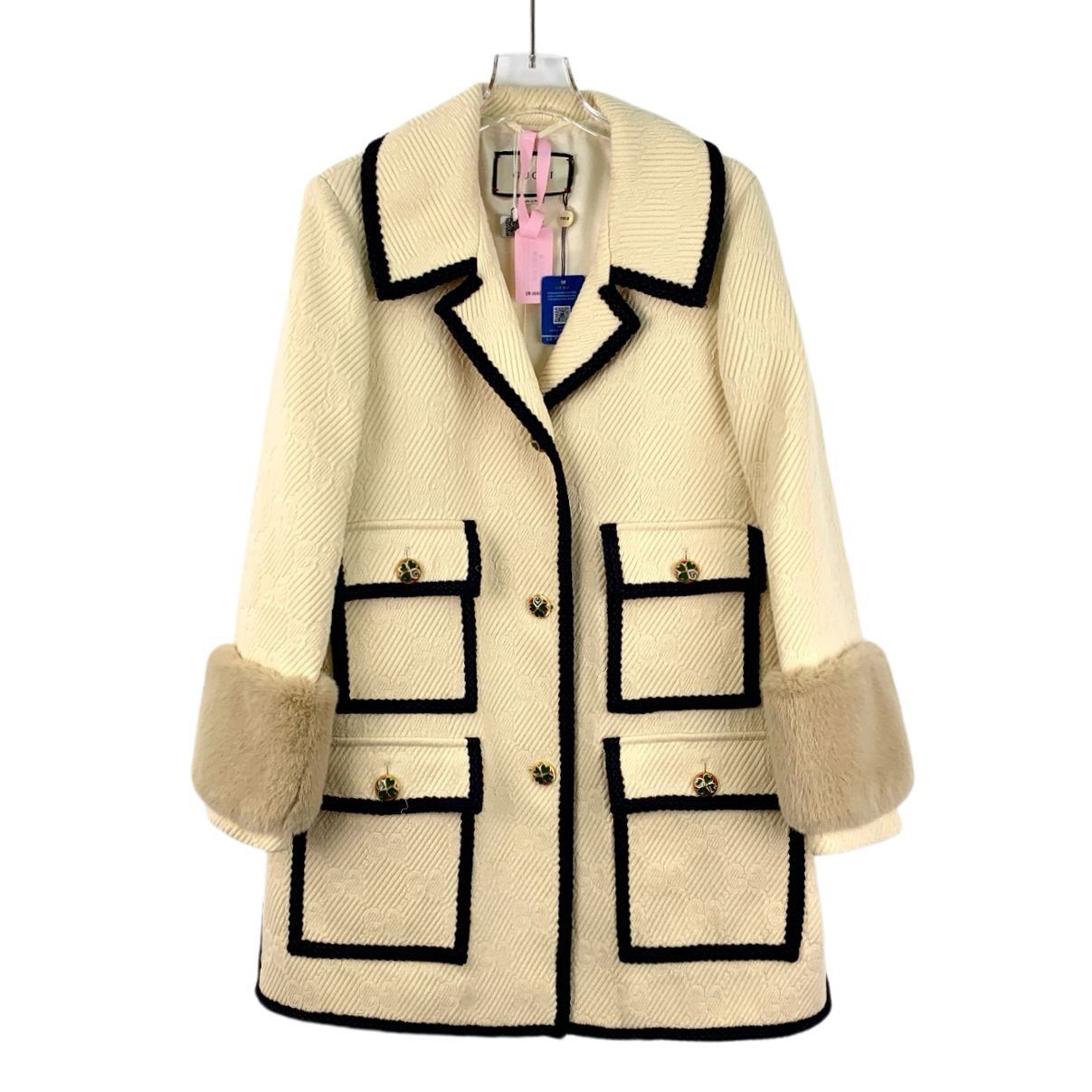 Gucci Gucci Beige Logo Jacquard Wool Coat W/ Faux Fur Cuffs & Mult Size M / US 6-8 / IT 42-44 - 1 Thumbnail