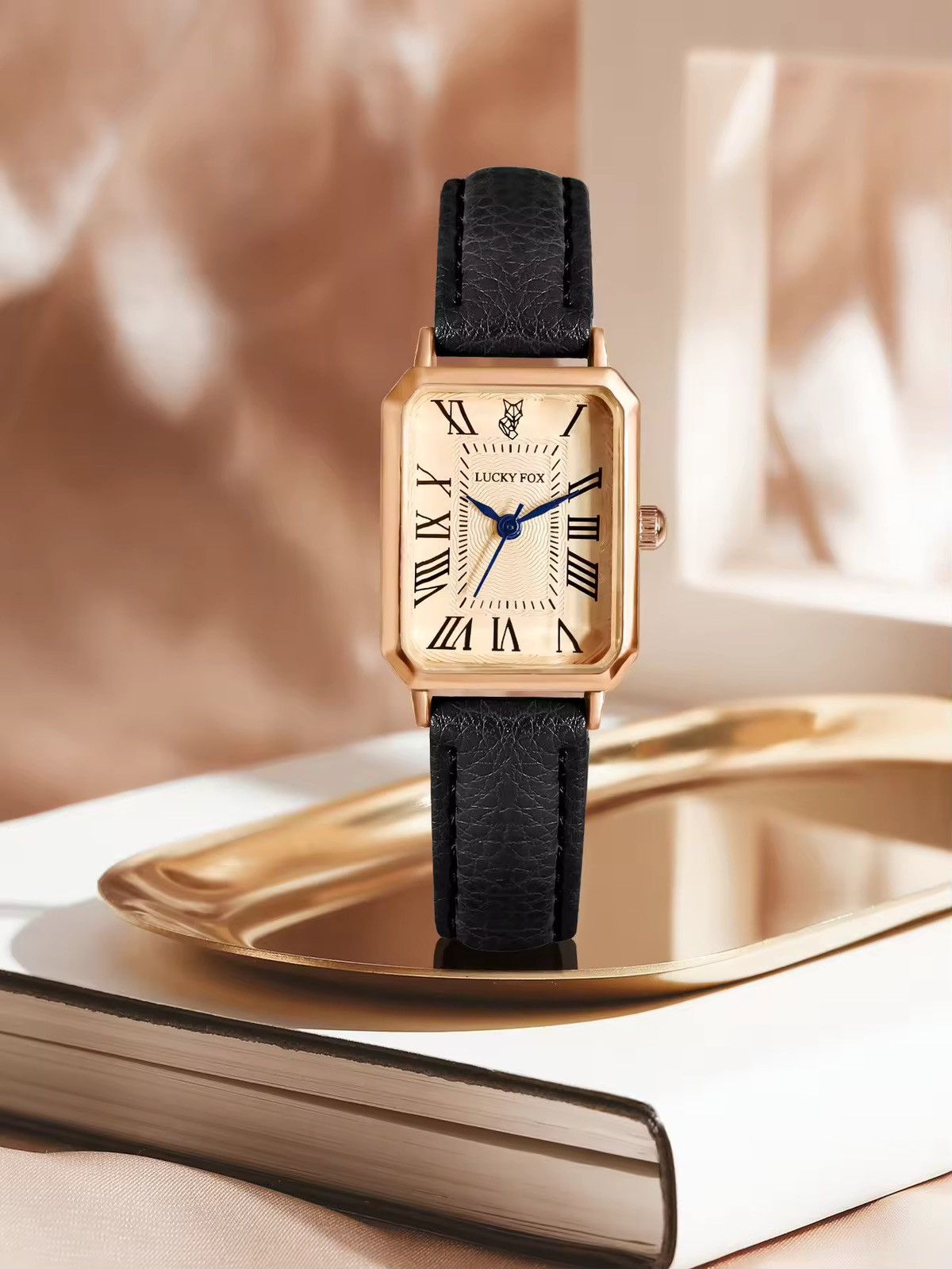 Rectangle Black Leather Luxury Watch, Men's