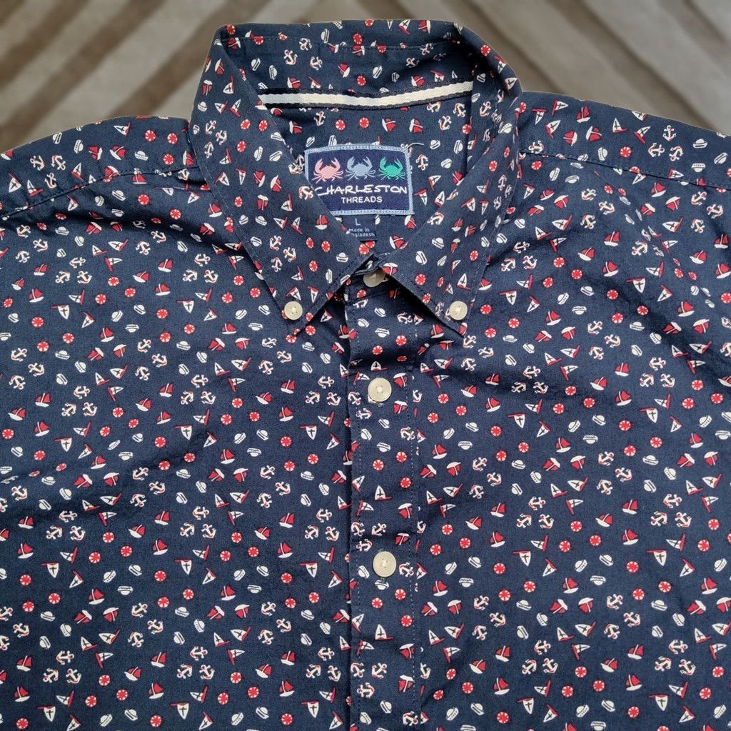 Vintage Charleston Threads Men Button-Up Shirt Geometric Sail Boat Anchors Navy Blue Cotton L Size US L / EU 52-54 / 3 - 1 Thumbnail