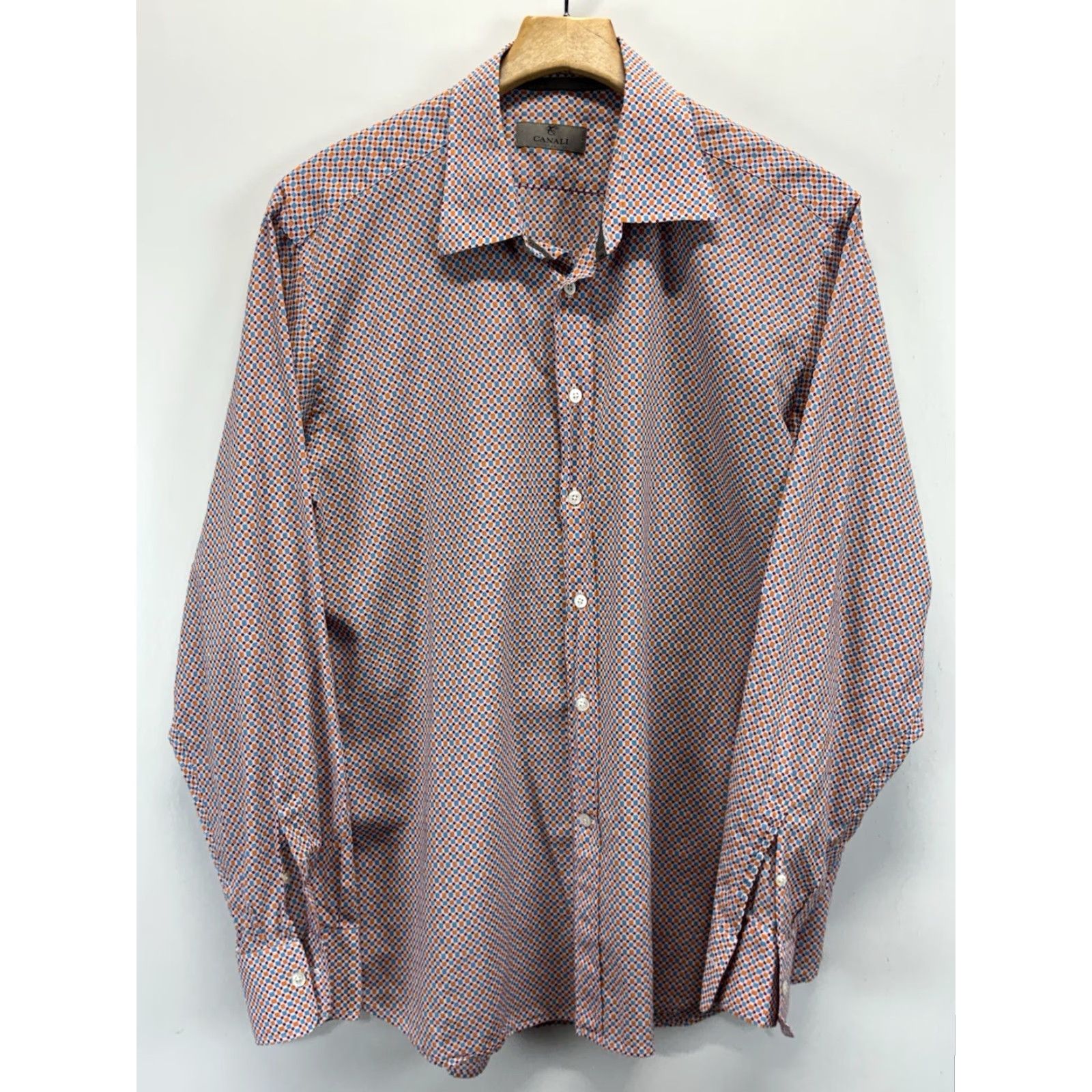 Canali Canali Button-Up Shirt Mens XL Blue Orange Cotton Made In Italy Geometric Pattern Classic Designer Italian Western Preppy Regular Fit Size US XL / EU 56 / 4 - 2 Thumbnail