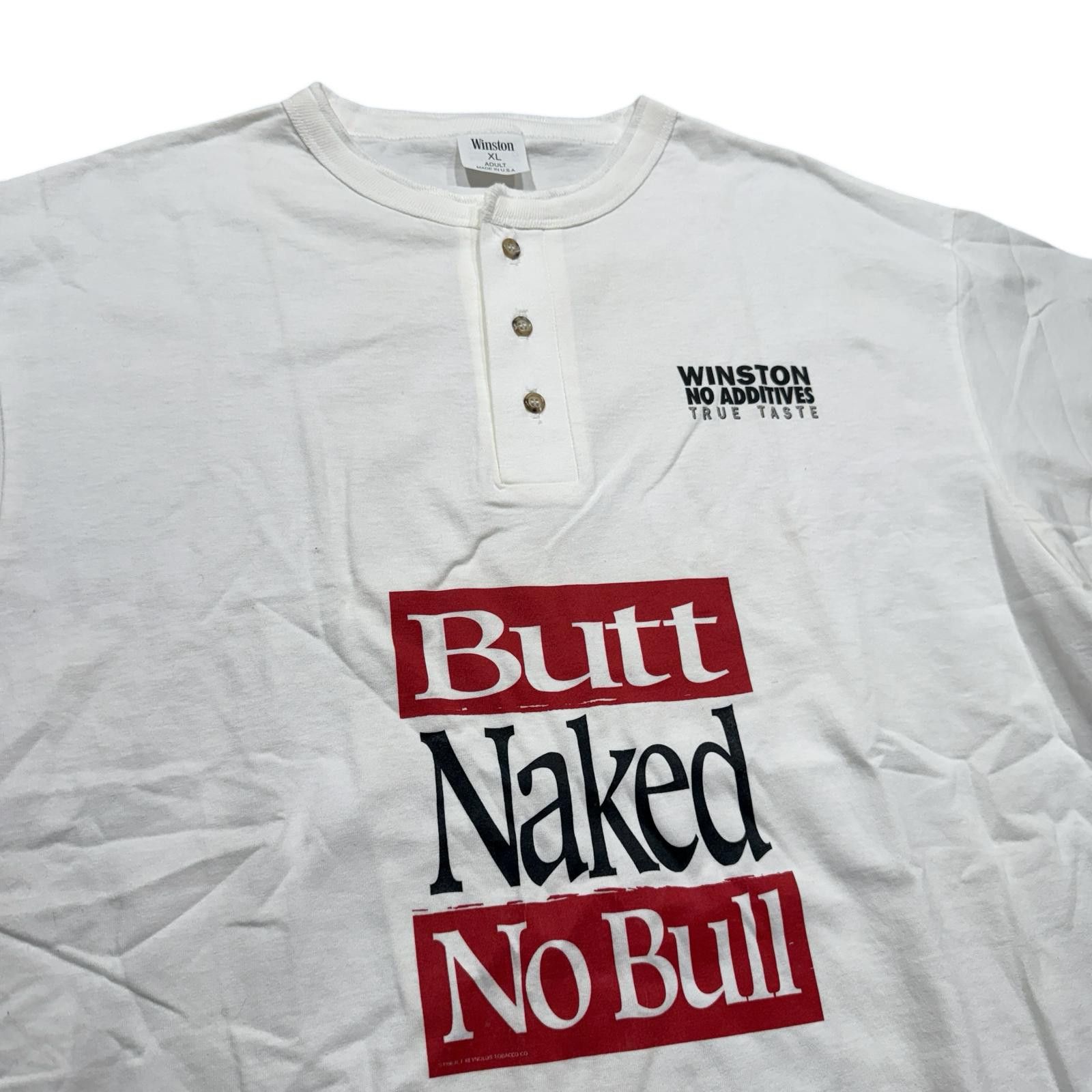 Designer Vintage Winston Cigarettes Butt Naked No Bull Henley T-Shirt Size US XL / EU 56 / 4 - 2 Thumbnail