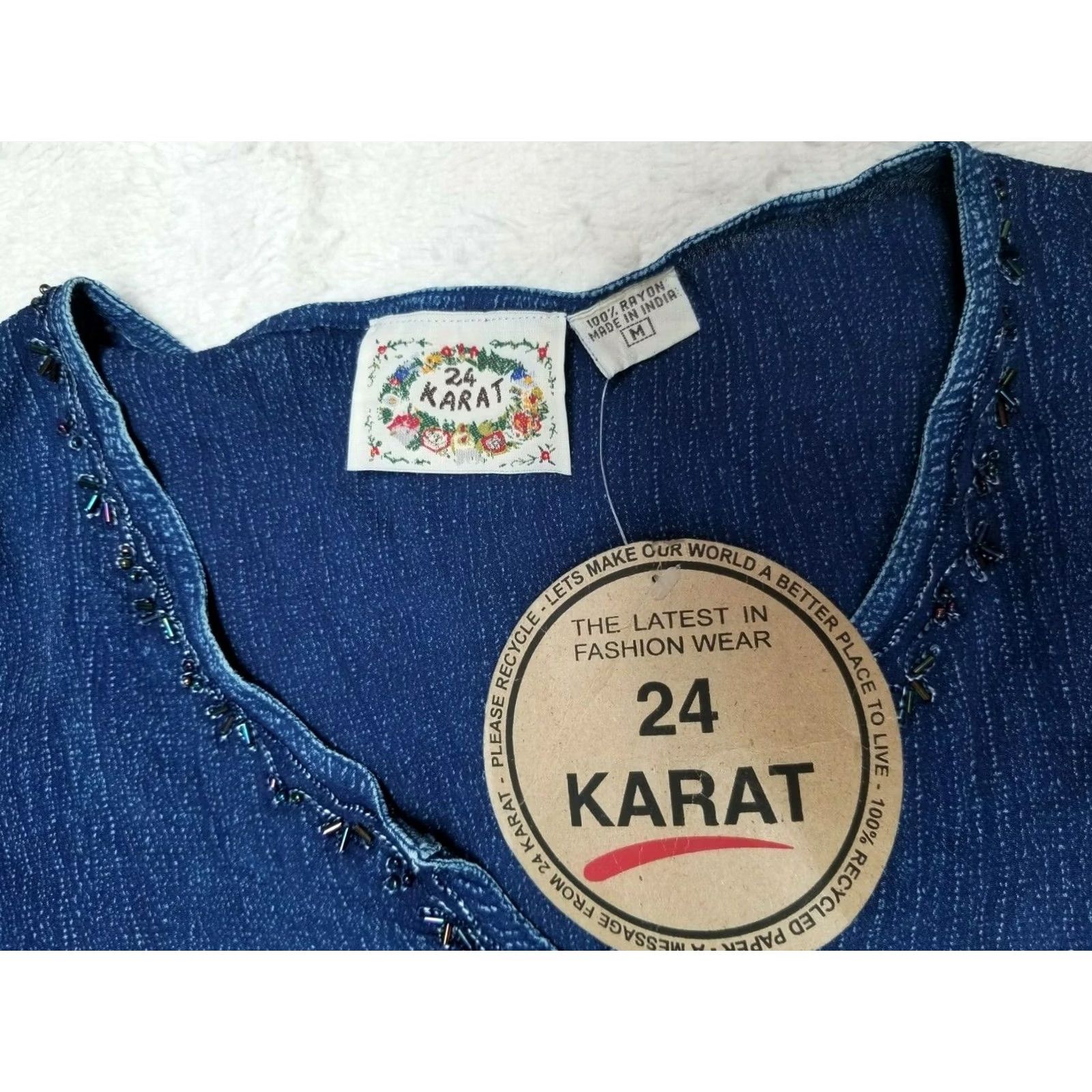 Denime 24 Karat Womens Top Medium Blue Denim Long Sleeves Embellish Sequin Beads Casual Size M / US 6-8 / IT 42-44 - 3 Thumbnail