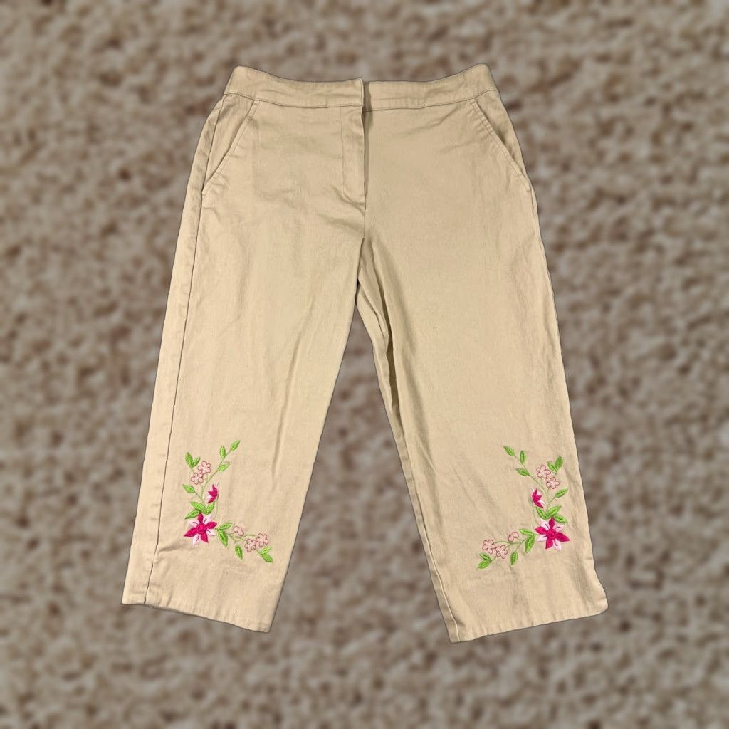 Vintage Briggs New York Pants Women 6P Beige Floral Embroidered Capri Cotton Stretch Zip Size 28" / US 6 / IT 42 - 1 Thumbnail