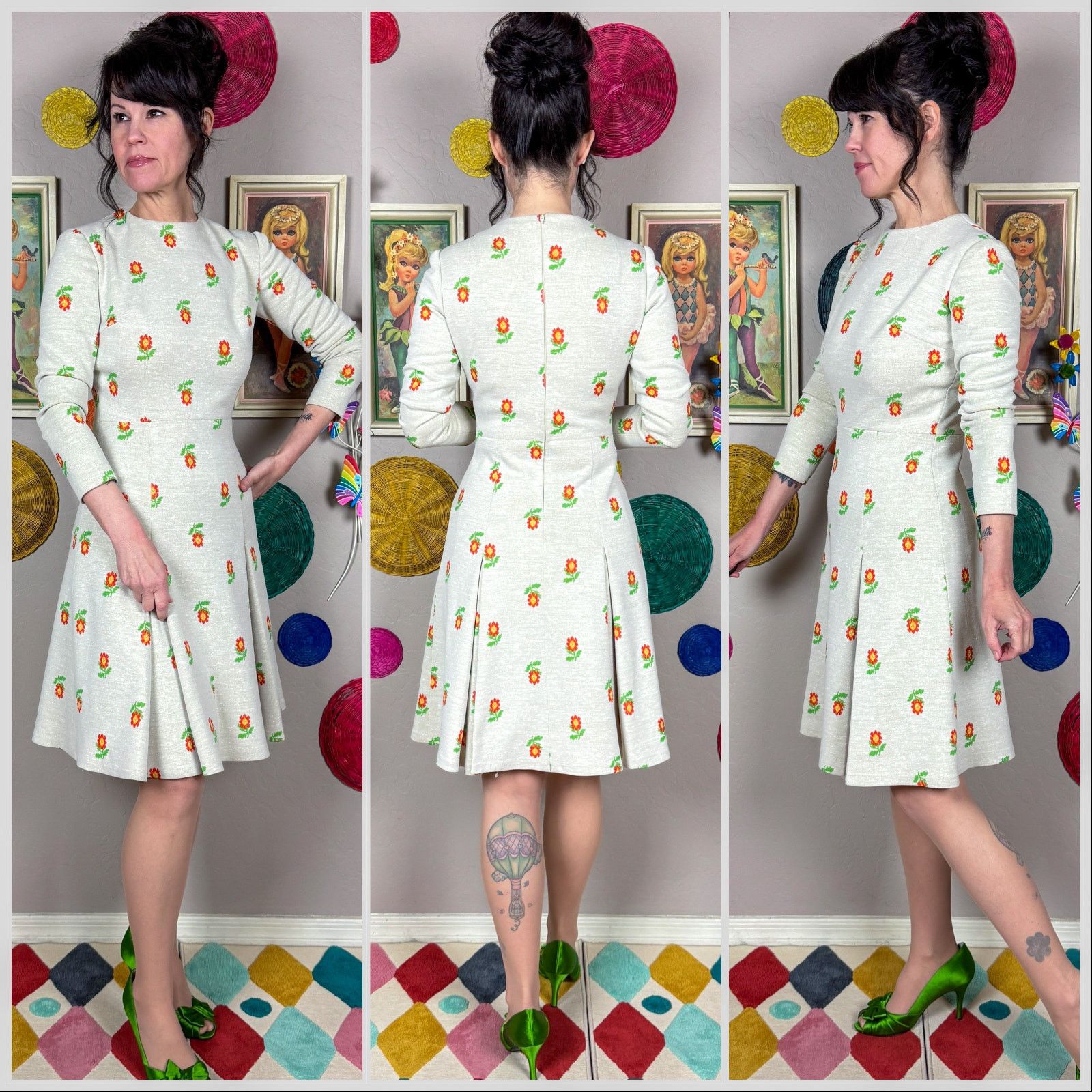 Handmade × Vintage Vintage 1970s Beige Floral Long Sleeve Pleated Skater Dress Size XS / US 0-2 / IT 36-38 - 2 Thumbnail