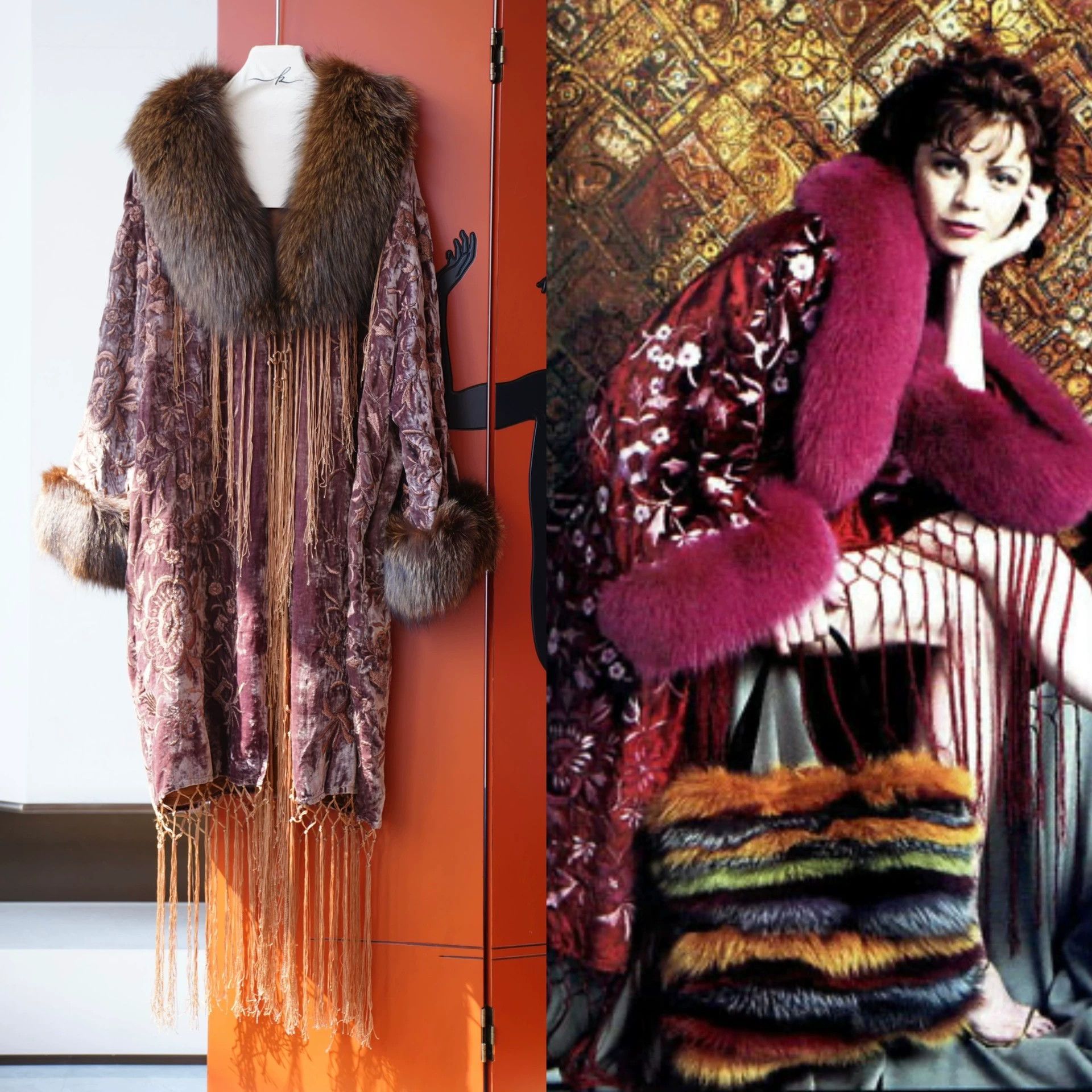 Other 1990s Vintage Plum Velvet Embroidered Tassel Fox Fur Kimono Size ONE SIZE - 2 Thumbnail