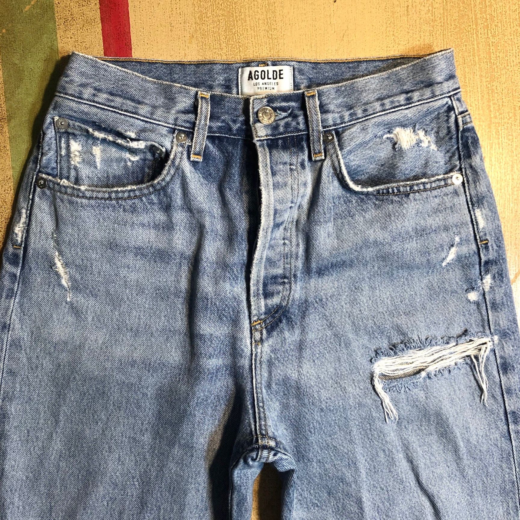 Agolde AGOLDE Jeans Womens 26x27 Distressed Straight Button Fly 90s Blue Denim Loose Relaxed Clean 5-Pocket Womens Jeans Size 26" / US 2 / IT 38 - 3 Thumbnail
