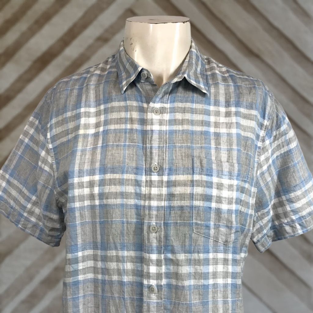 Vince Vince. Mens L Gray Plaid Short Sleeve Button-Up Linen Blend Classic Shirt Size US L / EU 52-54 / 3 - 1 Thumbnail