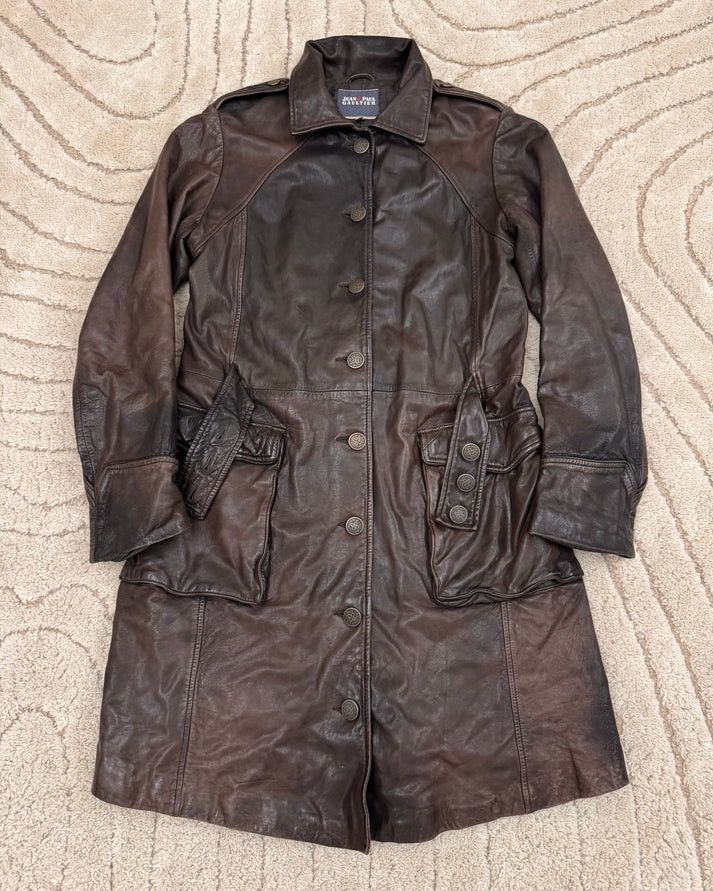 image of 2000S Jean Paul Gaultier Army Faded Leather Trench (S/m) in Brown, Men's (Size Small)