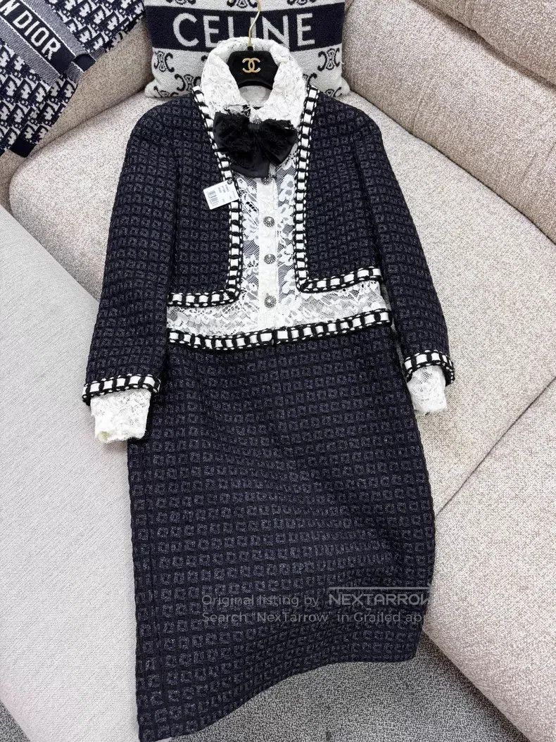 Chanel Chanel Lace bow stitching tweed long-sleeved dress Size XXS / US 00 / IT 34 - 2 Thumbnail