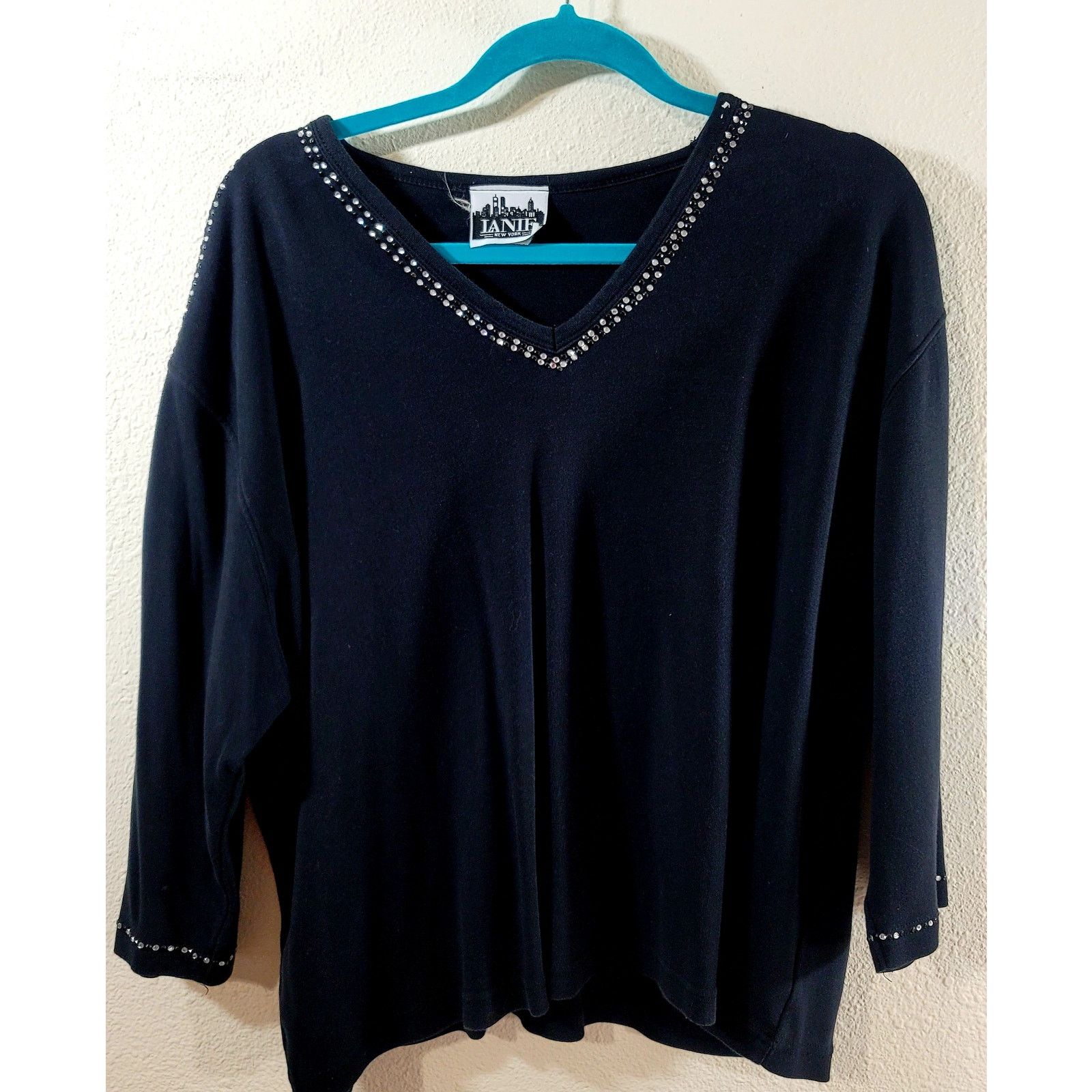 Other Lanie New York Black Rhinestone V Neck Top 2X Plus Stretch Size XXL / US 16-18 / IT 52-54 - 8 Thumbnail