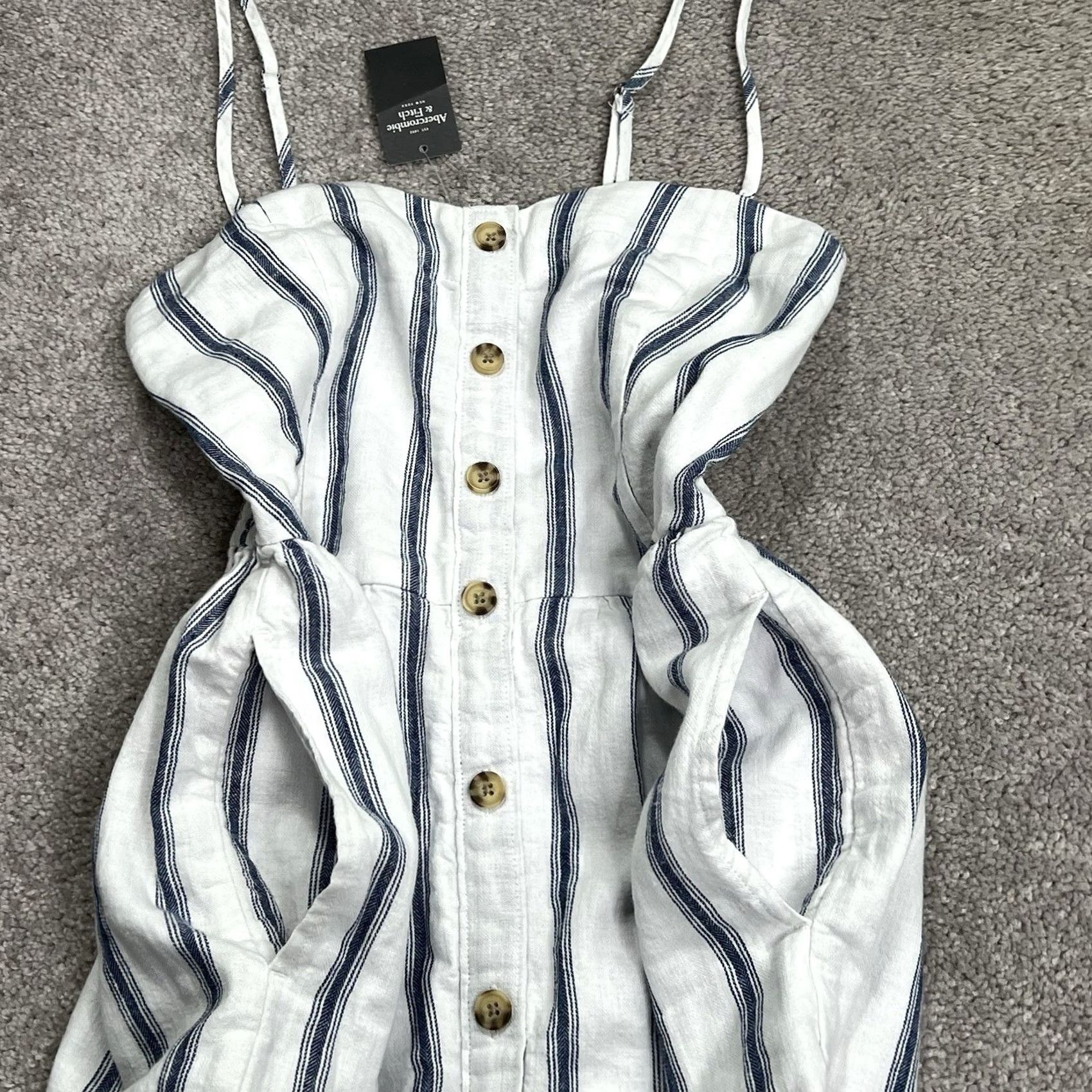 Abercrombie & Fitch VINTAGE Abercrombie Fitch Dress XSP White Blue Stripe Linen Blend Pockets Lined Knee NWT Size XS / US 0-2 / IT 36-38 - 5 Thumbnail