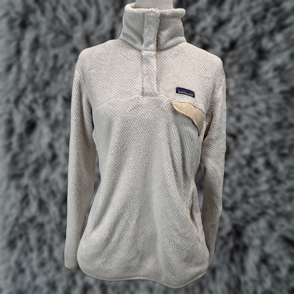 VINTAGE Patagonia Snap T Fleece Pullover Jacket Womens Large Cream Ivory Pockets Logo