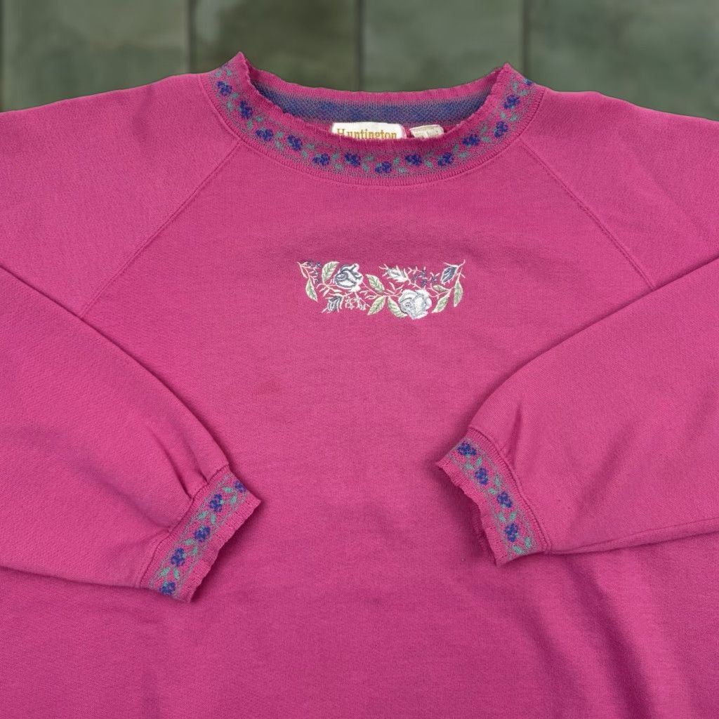Pinko VINTAGE Huntington Ridge Floral Sweatshirt Women’s Large Pink 90s Crewneck Pullover Activewear Size L / US 10 / IT 46 - 1 Thumbnail