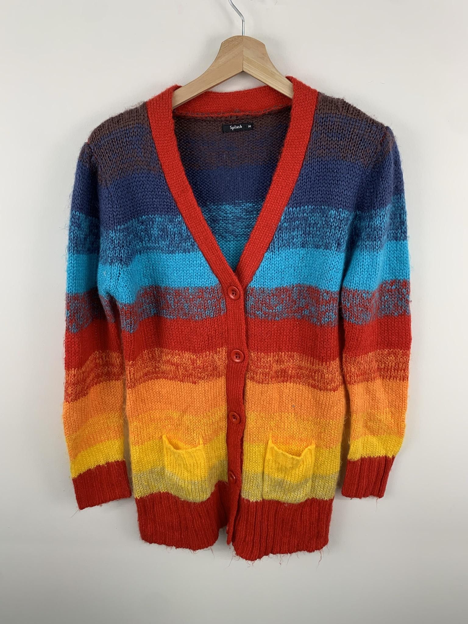 Vintage Balloon Sleeve Rainbow Multicolored Marled Hand Knit Chunky Yarn Cardigan