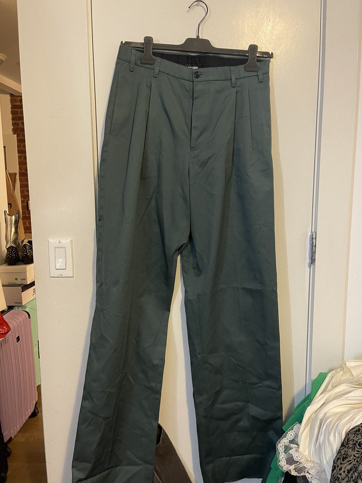 image of Raf Simons Wide Chino With Tape I Love You Pants in Green, Men's (Size 31)